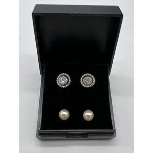 Elegant Two Pair Crystal & Pearl Stud Earrings In Gift Box